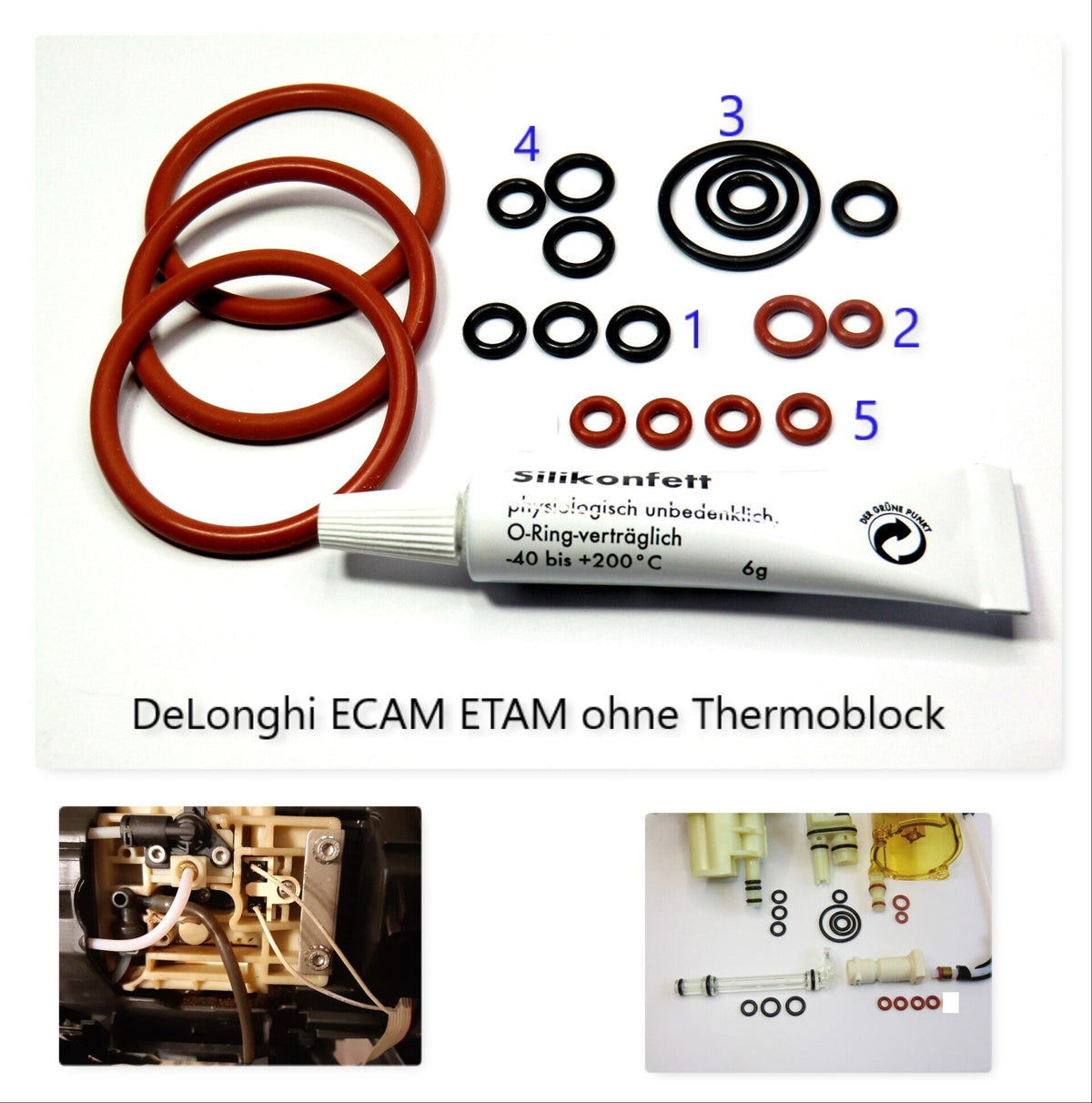 Delonghi ECAM ETAM AEG O-Ring SET Dichtungssatz Fett 6g für Brühkolben Brühgruppe . Kolben ohne Thermoblock